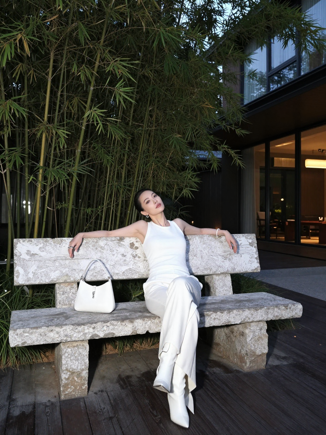 Nighttime Flash Fashion Portrait in Modern Garden