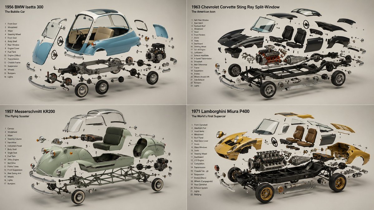 Exploded View of Unusual Classic Cars