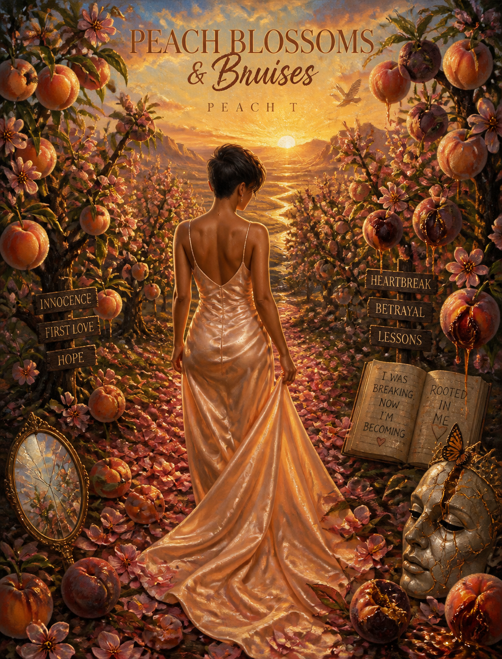 Surrealist Oil Painting of a Woman in Peach Orchard
