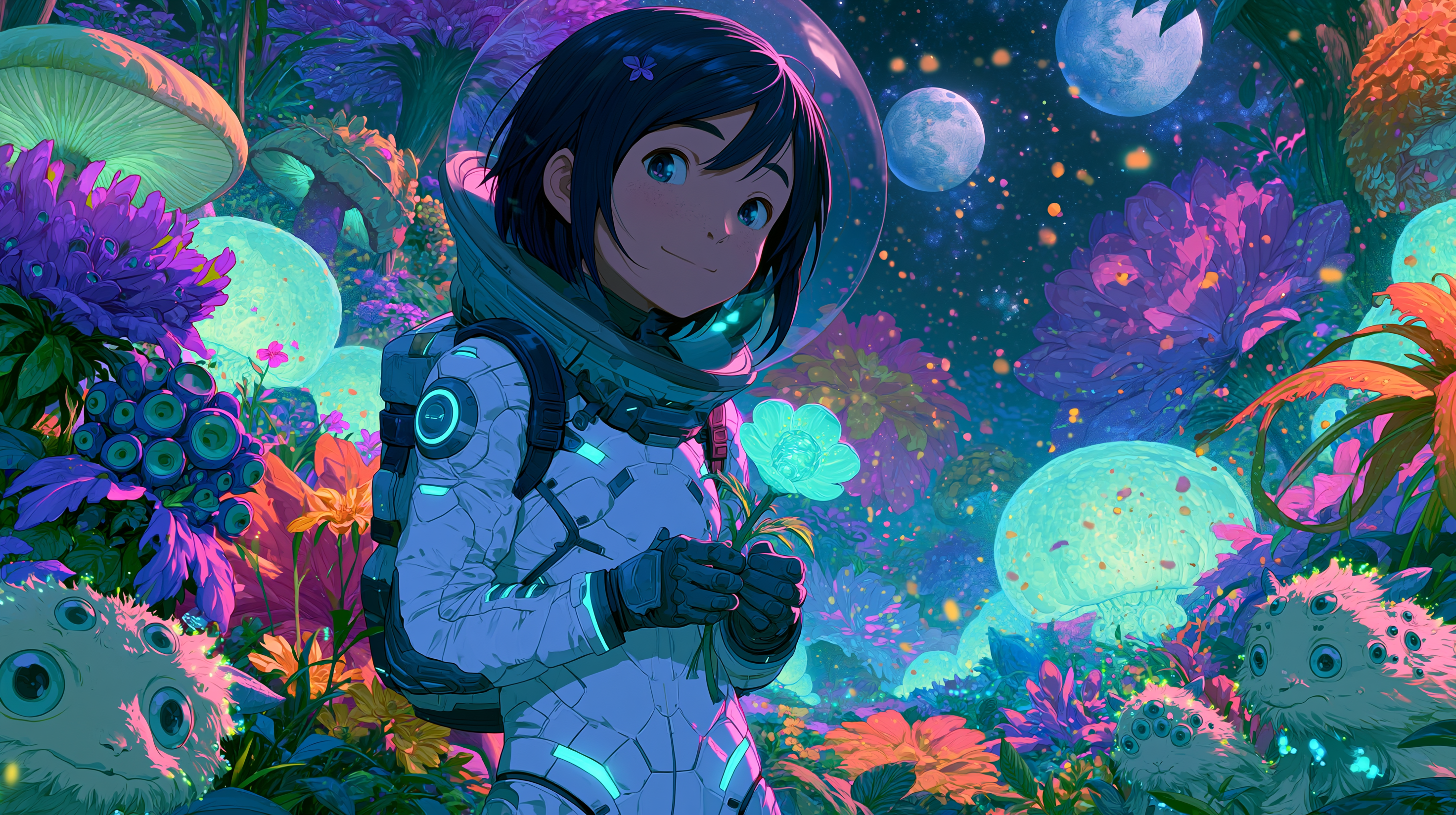 Astronaut Discovering Bioluminescent Flora on Alien World
