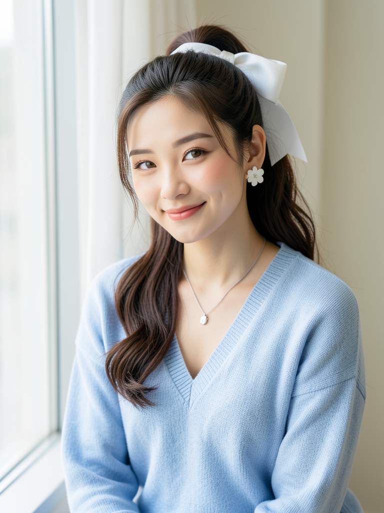 Elegant East Asian Woman in Pastel Knitwear