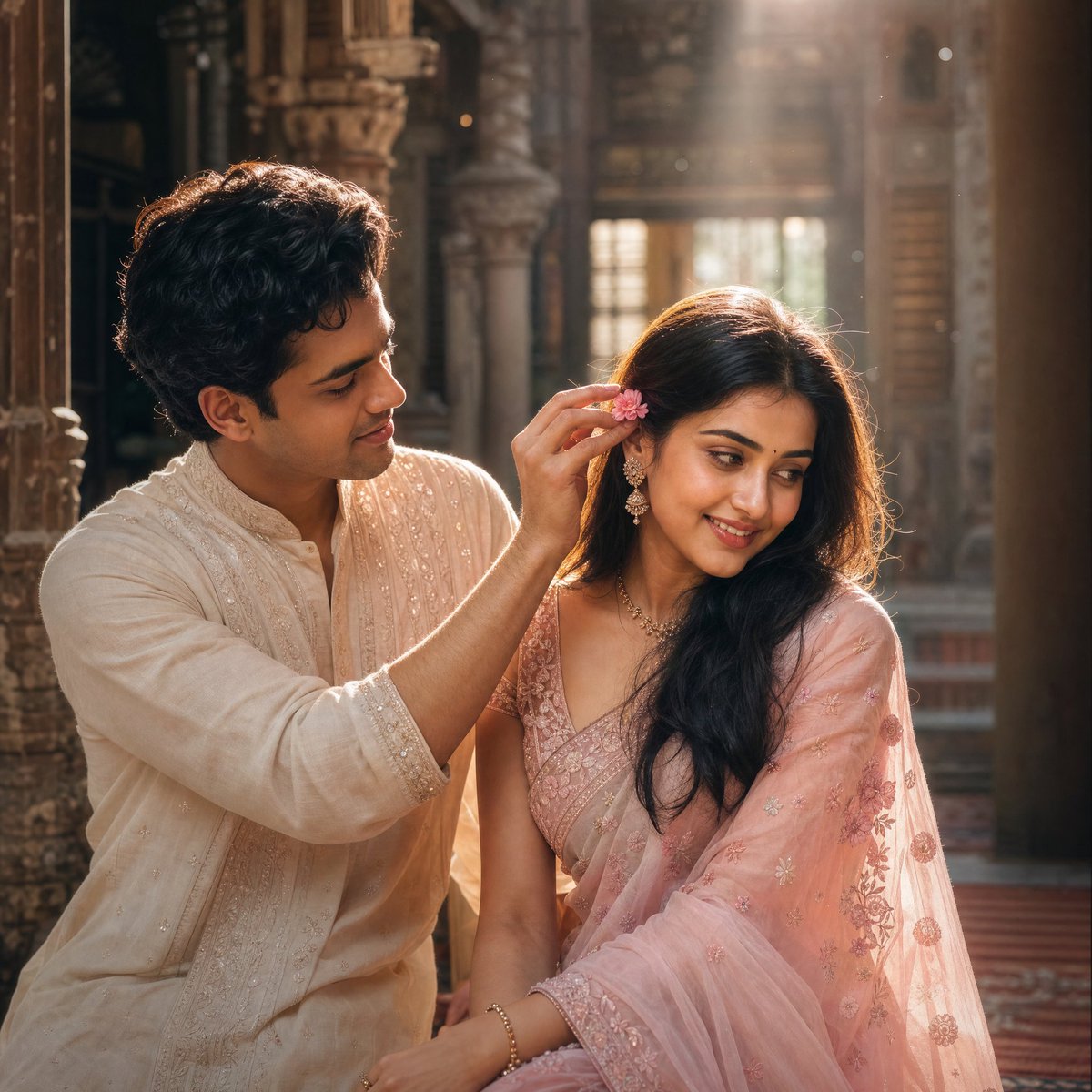 Romantic South Asian Couple in Heritage Courtyard