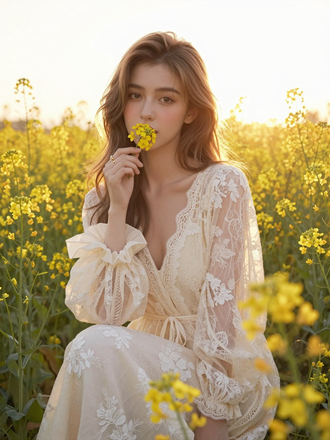 Ethereal Woman in Lace Gown Amidst Golden Wildflowers