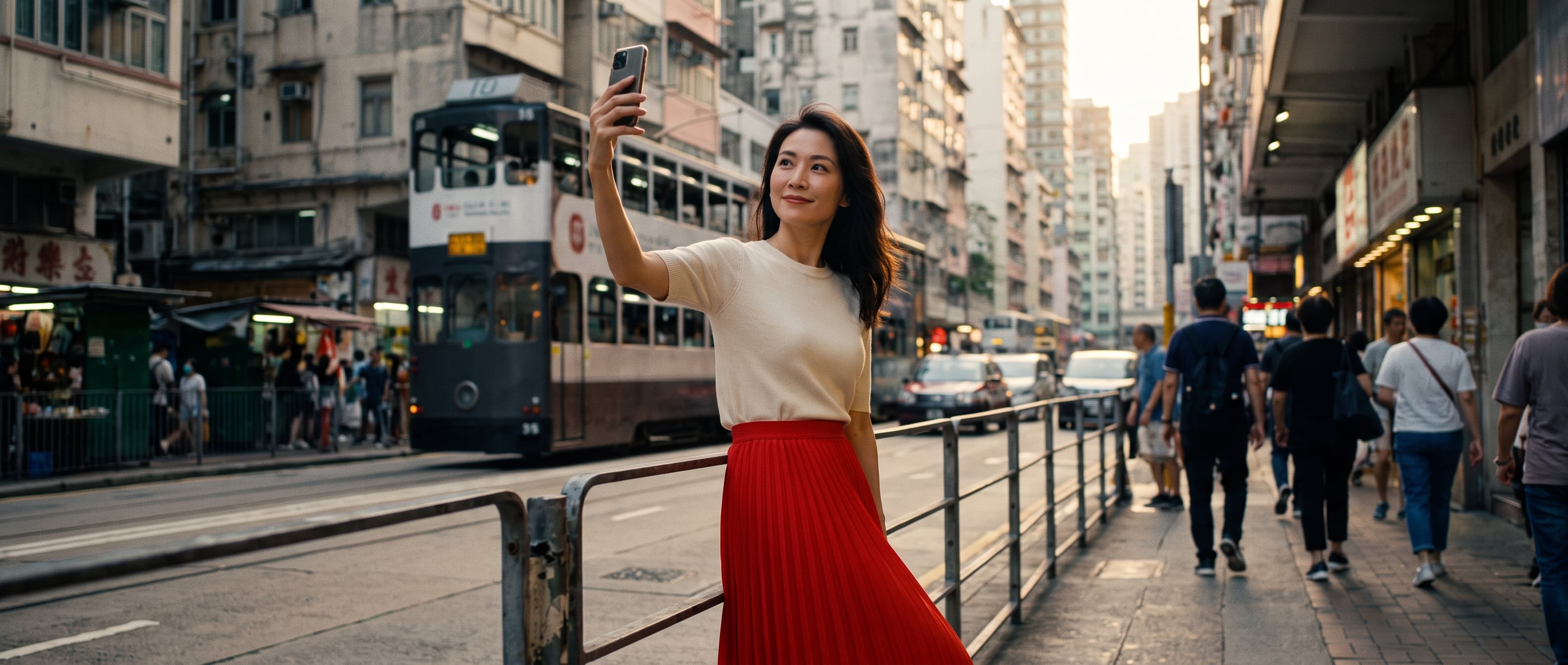 Elegant Woman at Busy Hong Kong Street Corner