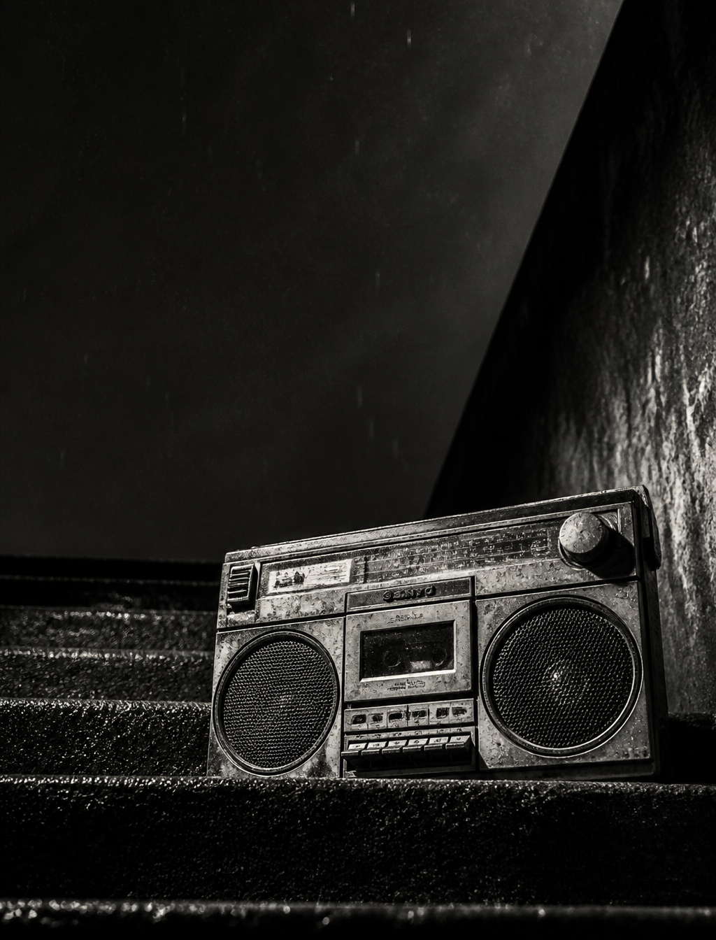 Urban Nostalgia: Vintage Stereo on Wet Concrete