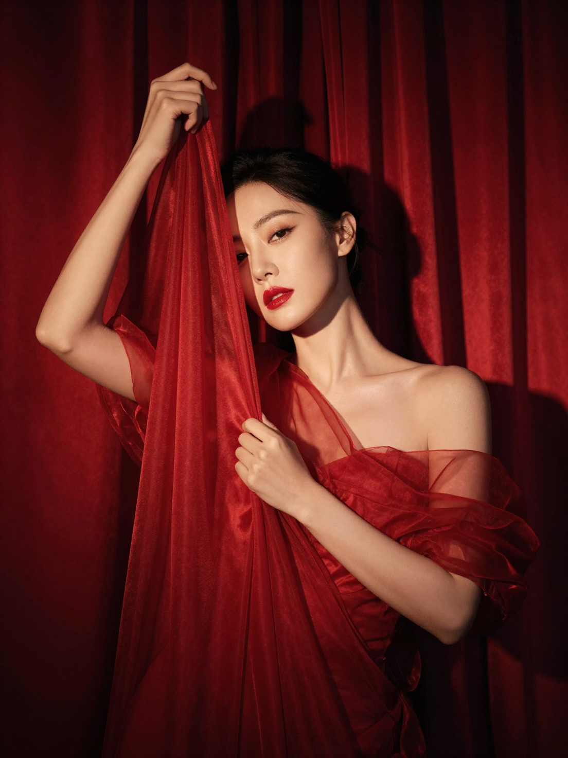 Cinematic Crimson Drapery Fashion Portrait