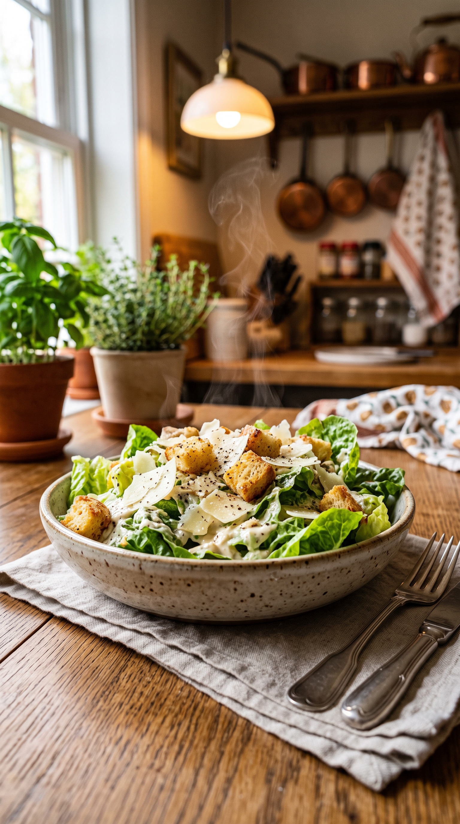 Gourmet Caesar Salad in Rustic Kitchen