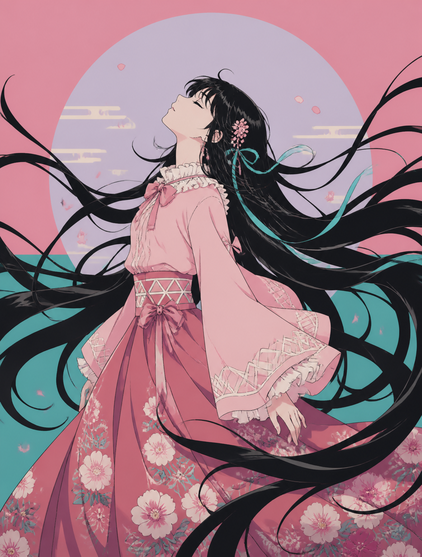 Anime Girl in Floating Graphic Ribbons