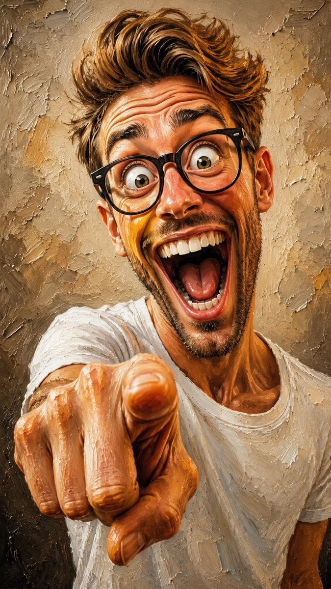 Energetic Blond Caricature Oil Painting