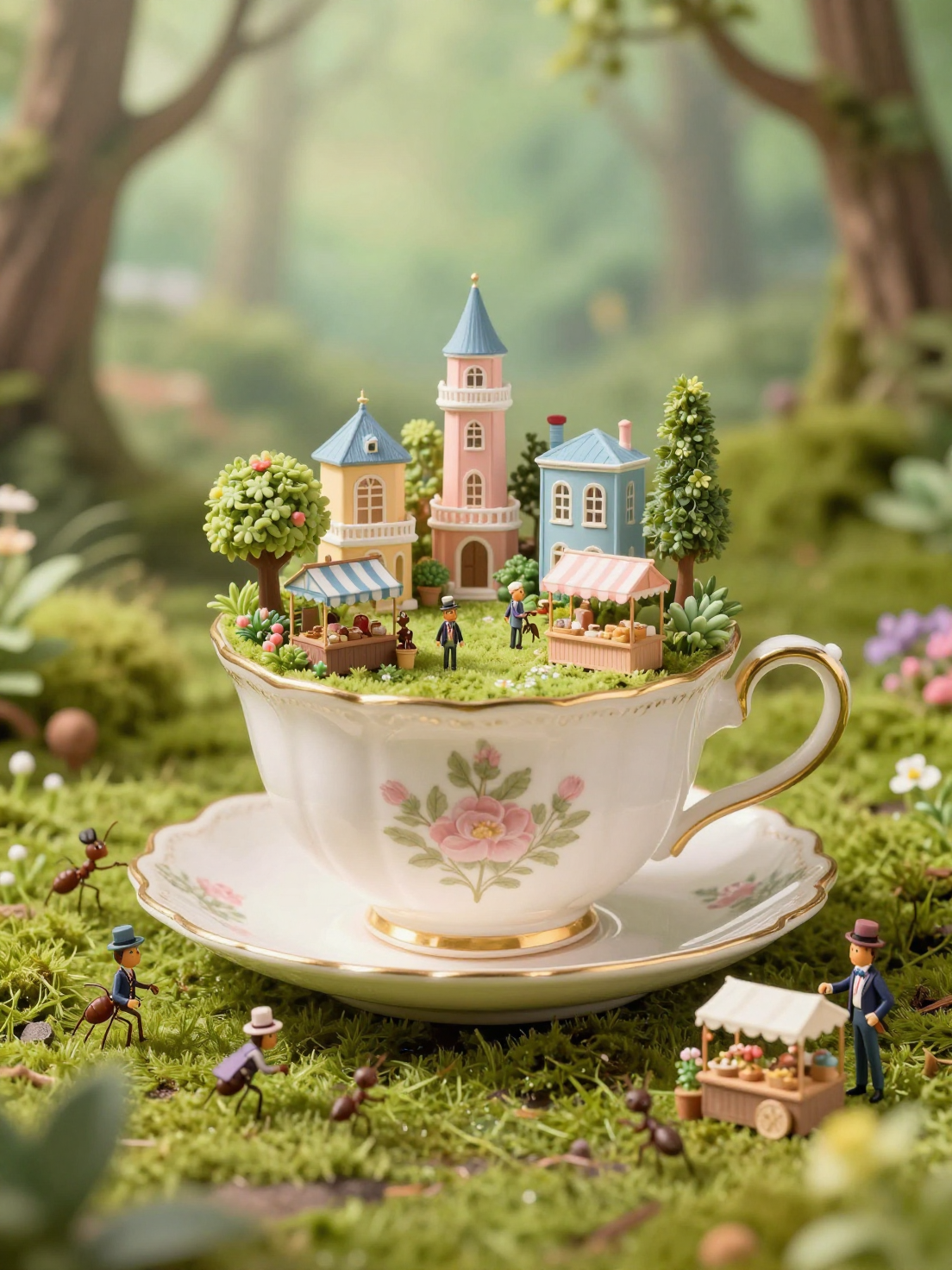 Whimsical Ant Metropolis in Vintage Teacup