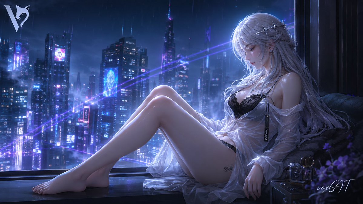 成年银白长发女性，3D二次元半写实游戏CG风，坐在高层公寓落地窗边，身体位于画面右侧，侧身后靠，双腿弯曲向左前方延...