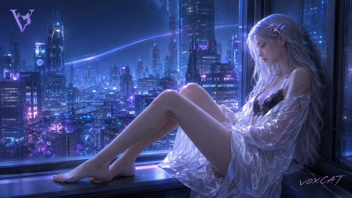 成年银白长发女性，3D二次元半写实游戏CG风，坐在高层公寓落地窗边，身体位于画面右侧，侧身后靠，双腿弯曲向左前方延... - alternate
