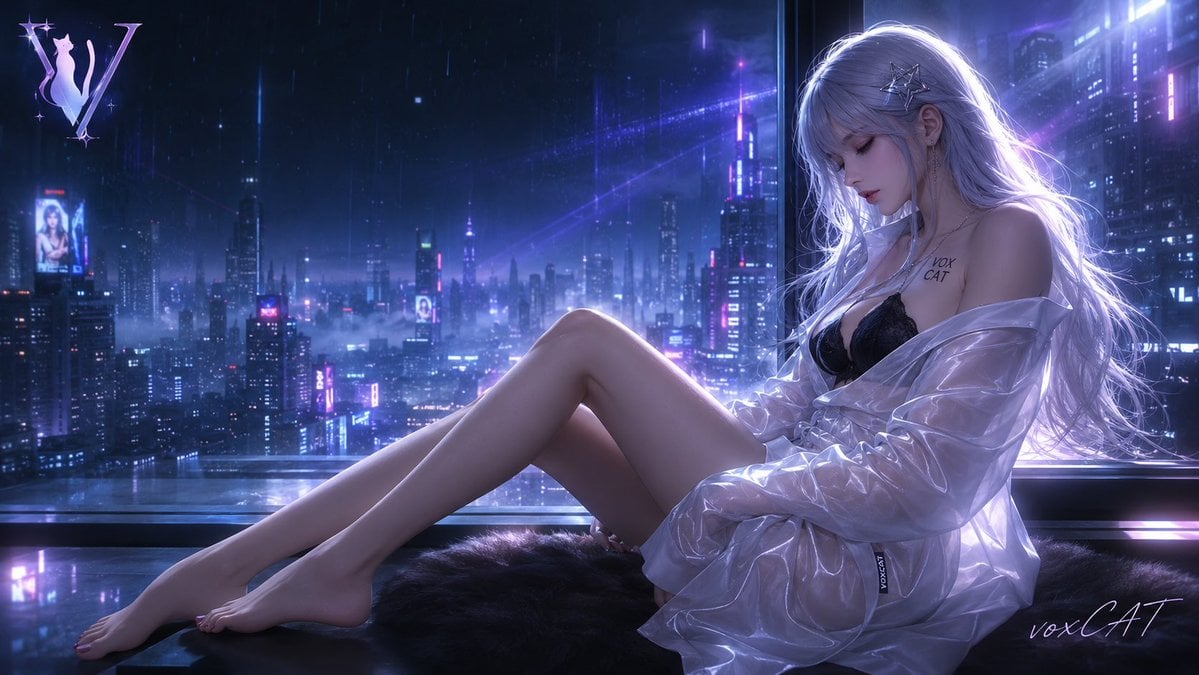 成年银白长发女性，3D二次元半写实游戏CG风，坐在高层公寓落地窗边，身体位于画面右侧，侧身后靠，双腿弯曲向左前方延... - alternate