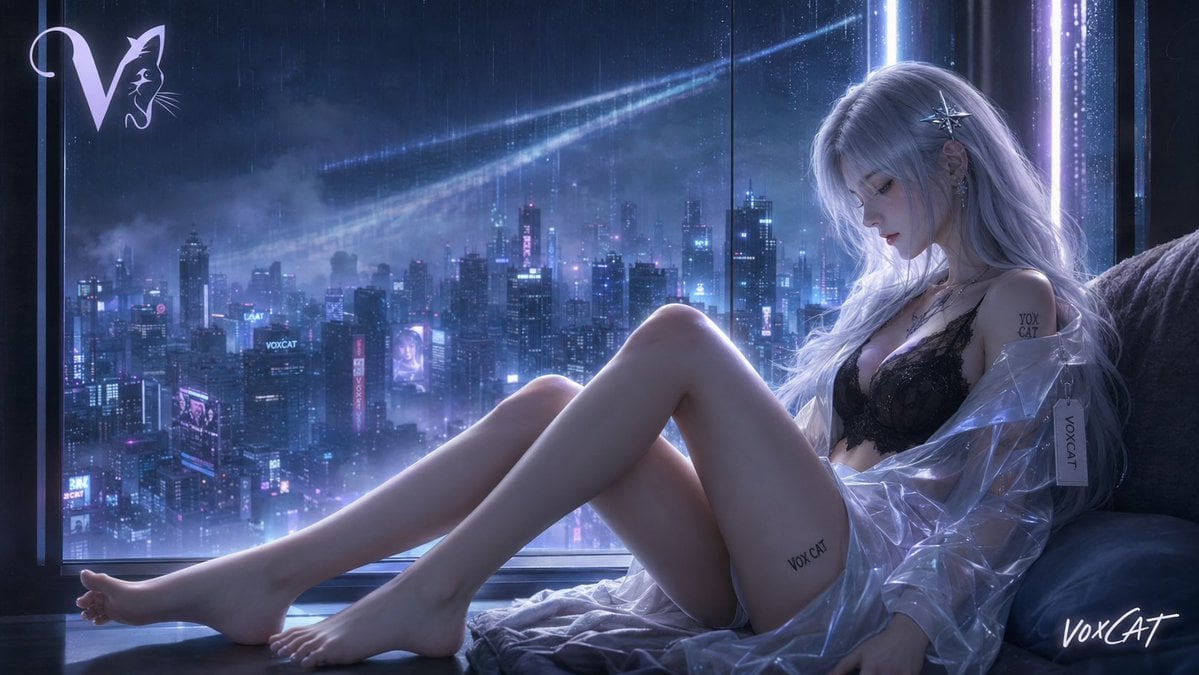 成年银白长发女性，3D二次元半写实游戏CG风，坐在高层公寓落地窗边，身体位于画面右侧，侧身后靠，双腿弯曲向左前方延... - alternate