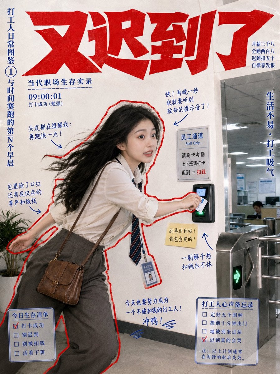 复古打工人报刊杂志风，年轻女性办公室职员，长黑发，白色宽松衬衫＋深灰西装裤＋条纹领带＋工牌，真实自然抓拍感。200...
