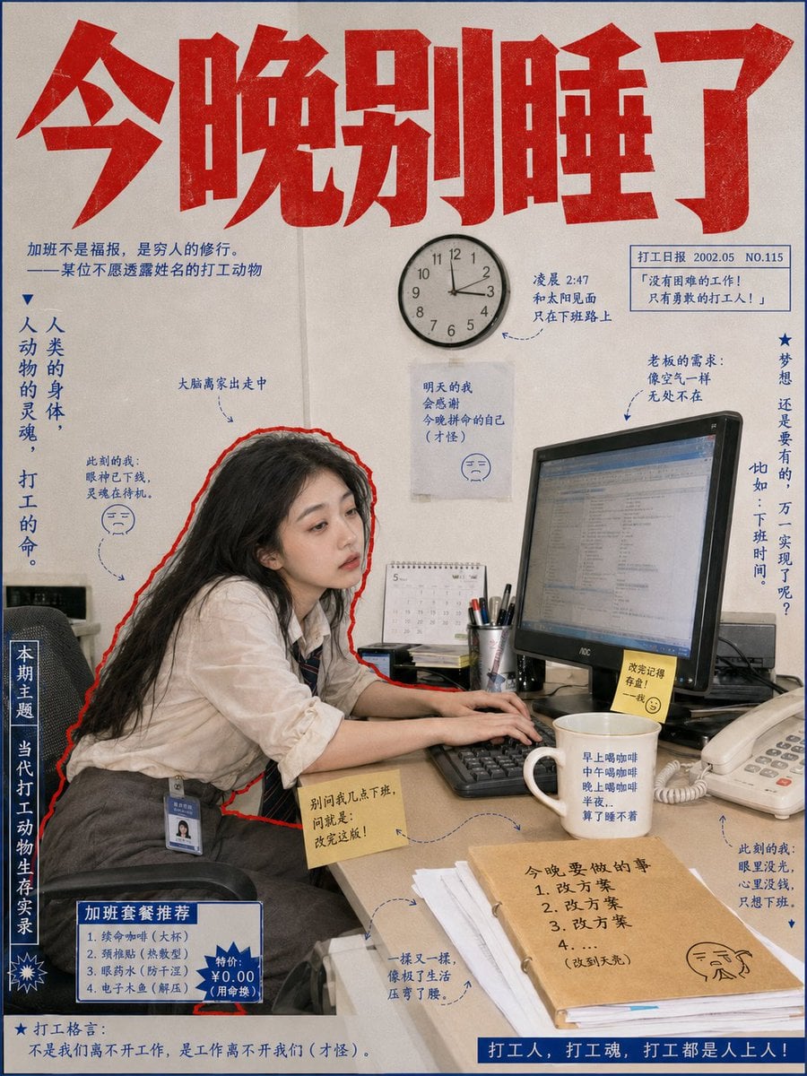 复古打工人报刊杂志风，年轻女性办公室职员，长黑发，白色宽松衬衫＋深灰西装裤＋条纹领带＋工牌，真实自然抓拍感。200... - alternate