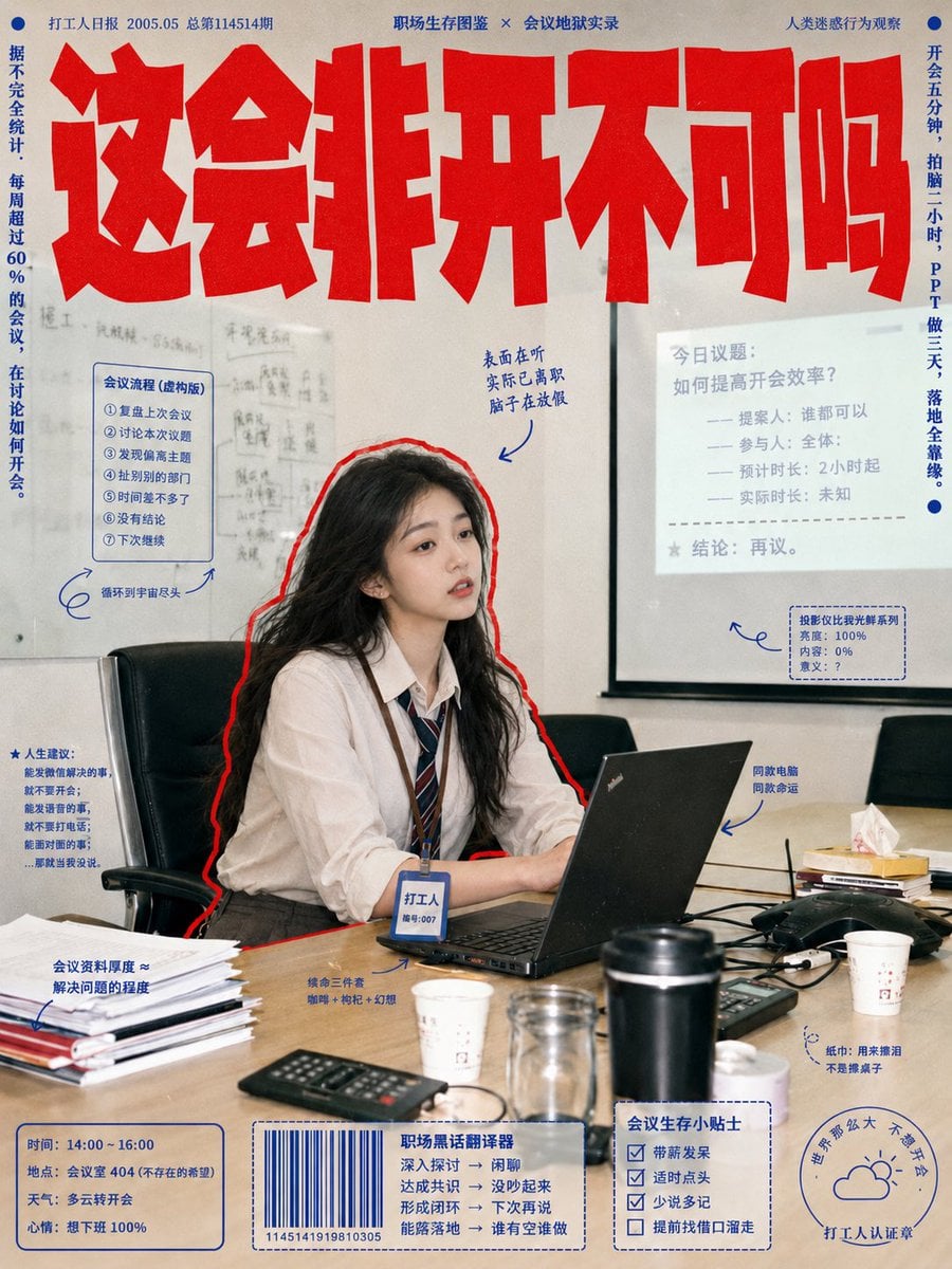 复古打工人报刊杂志风，年轻女性办公室职员，长黑发，白色宽松衬衫＋深灰西装裤＋条纹领带＋工牌，真实自然抓拍感。200... - alternate