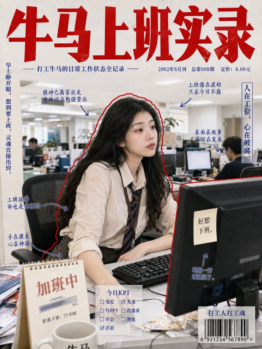 复古打工人报刊杂志风，年轻女性办公室职员，长黑发，白色宽松衬衫＋深灰西装裤＋条纹领带＋工牌，真实自然抓拍感。200... - alternate