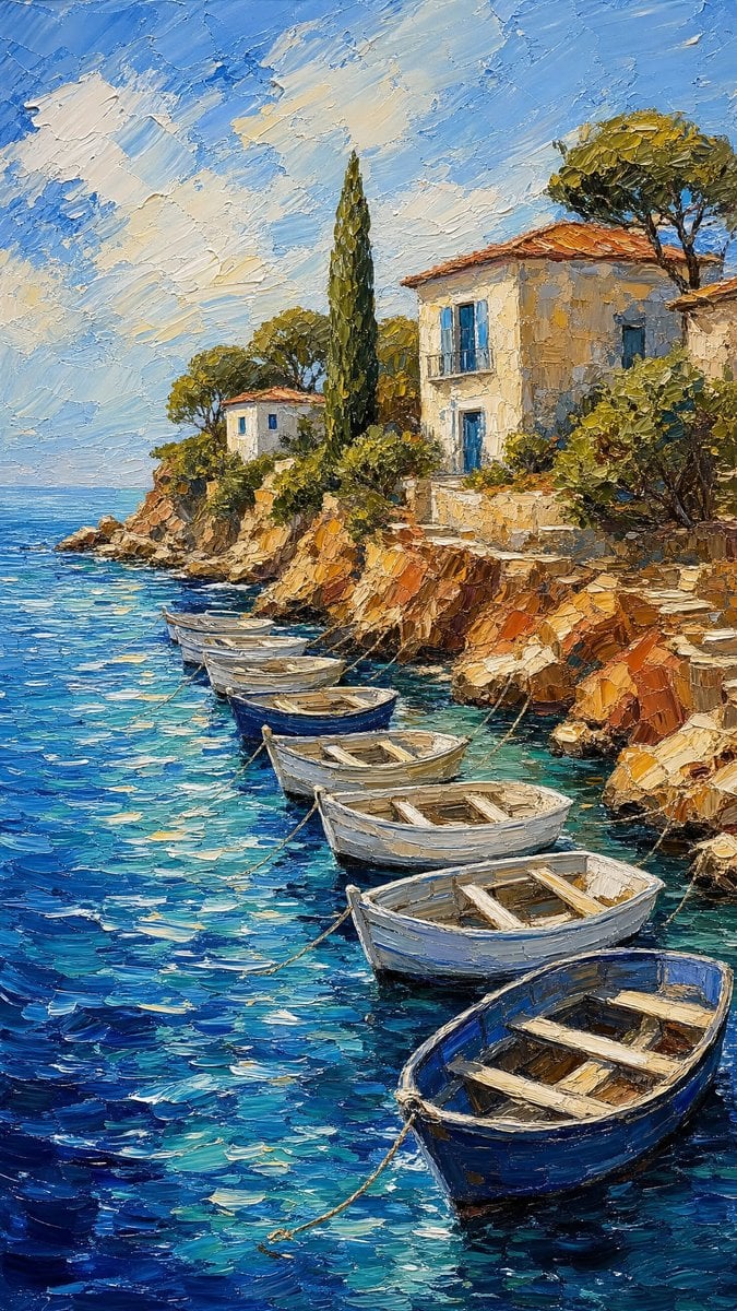 Impasto Oil Paintings: Stormy Seas and Mediterranean Harbors - alternate