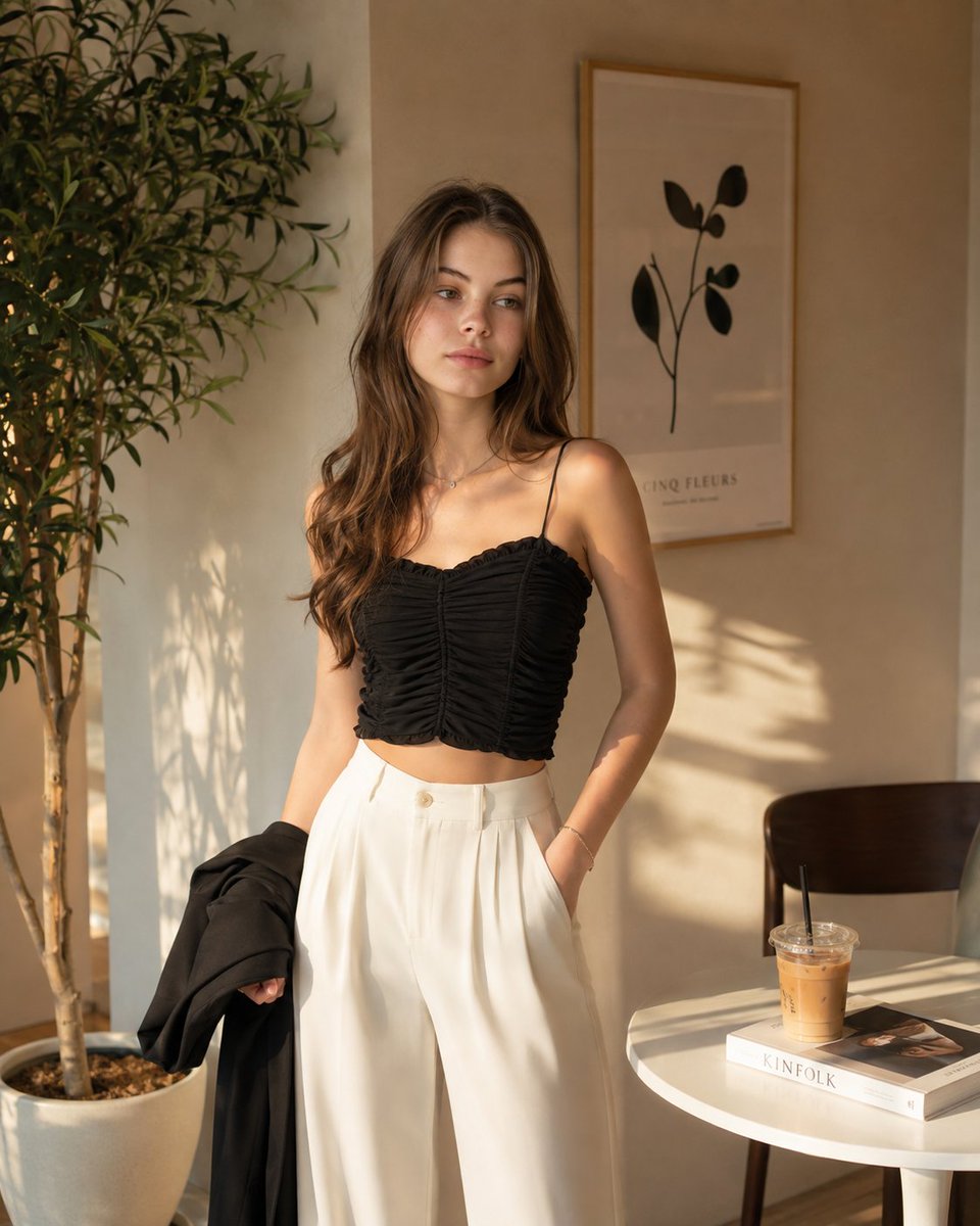 Elegant Woman in Minimalist Café Apartment