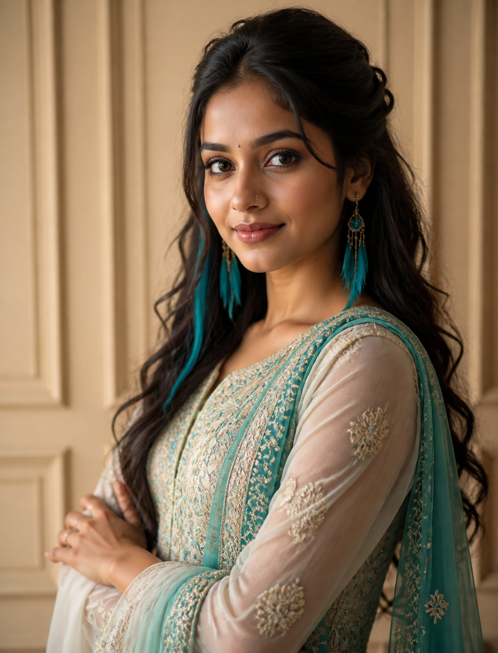 Elegant South Asian Portrait in Teal and Ivory