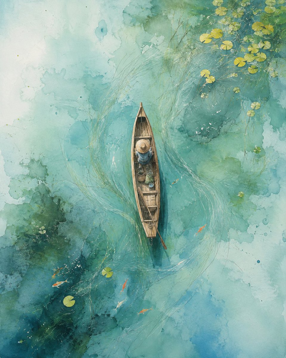 Watercolor Zen Boat Pond Concept
