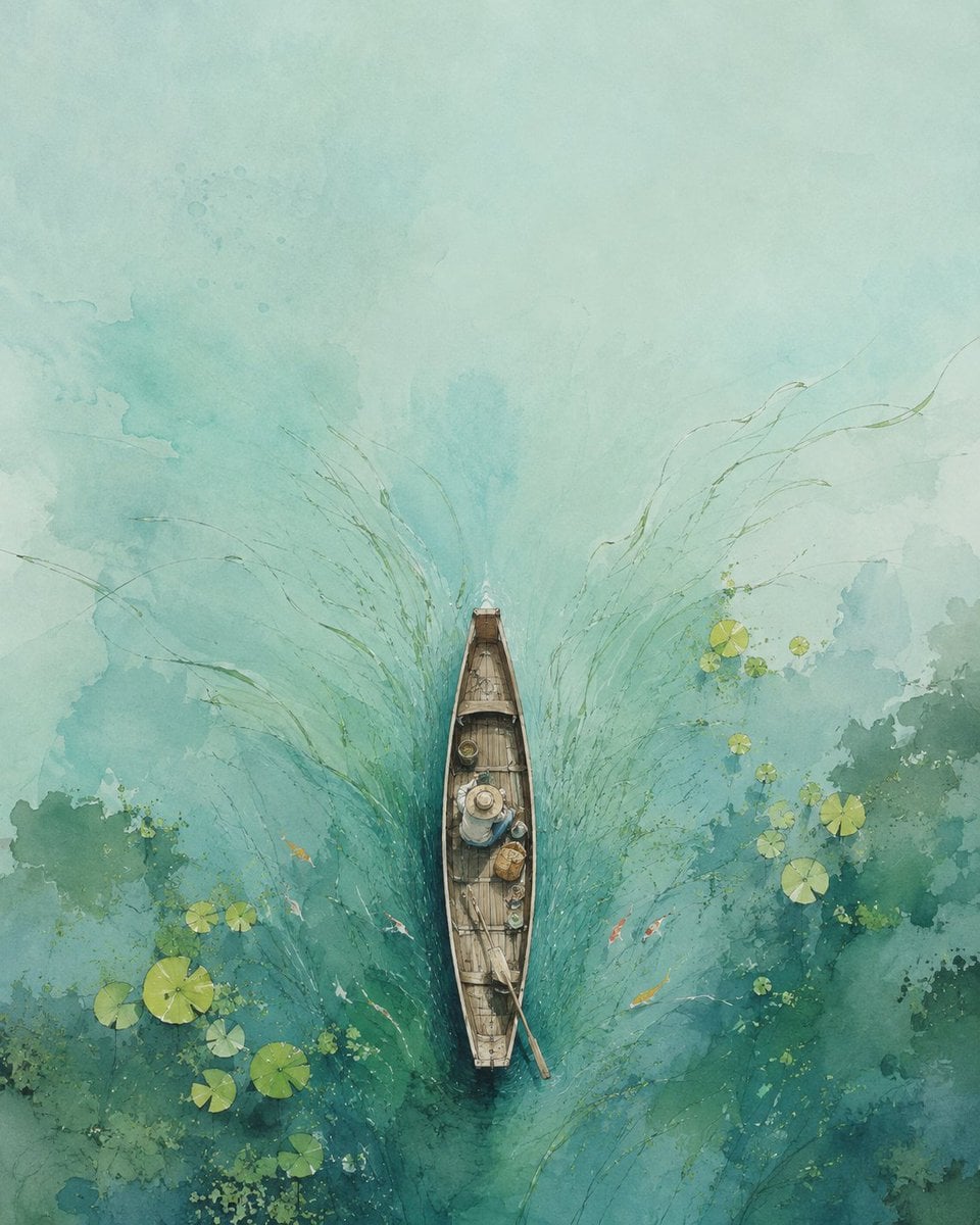 Watercolor Zen Boat Pond Concept - alternate