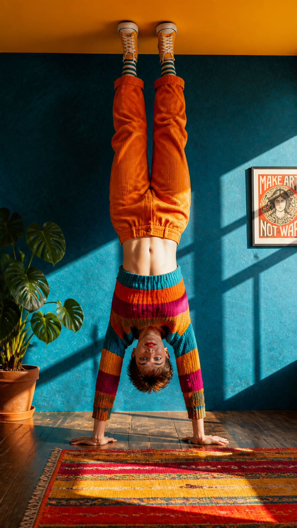 Gravity-Defying Woman in Vibrant Knitwear