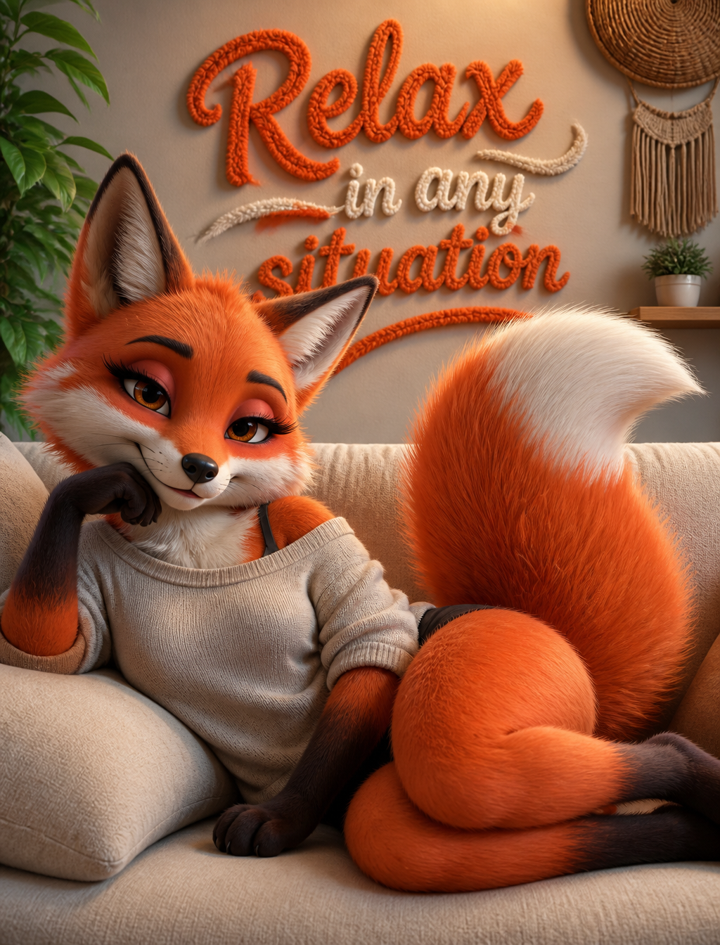 Cozy Anthropomorphic Fox Lounging on Sofa
