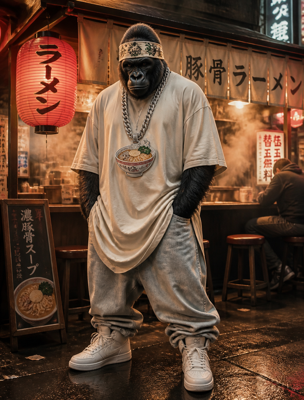 Streetwear Ramen Gorilla in Neon Yatai