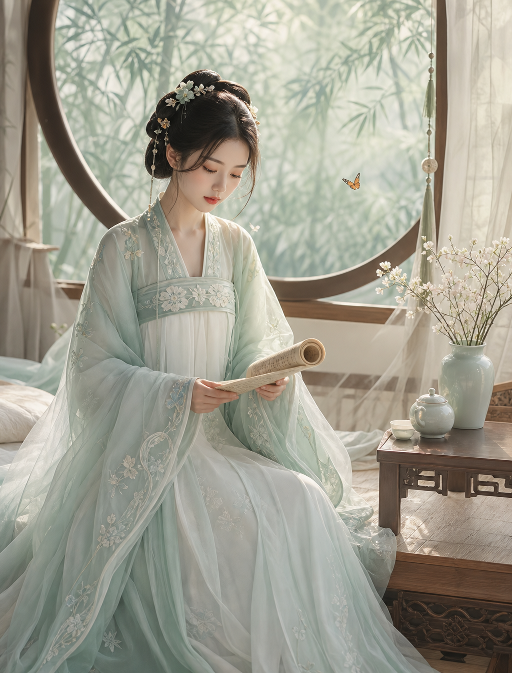 Ethereal Korean Woman in Classical Oriental Interior