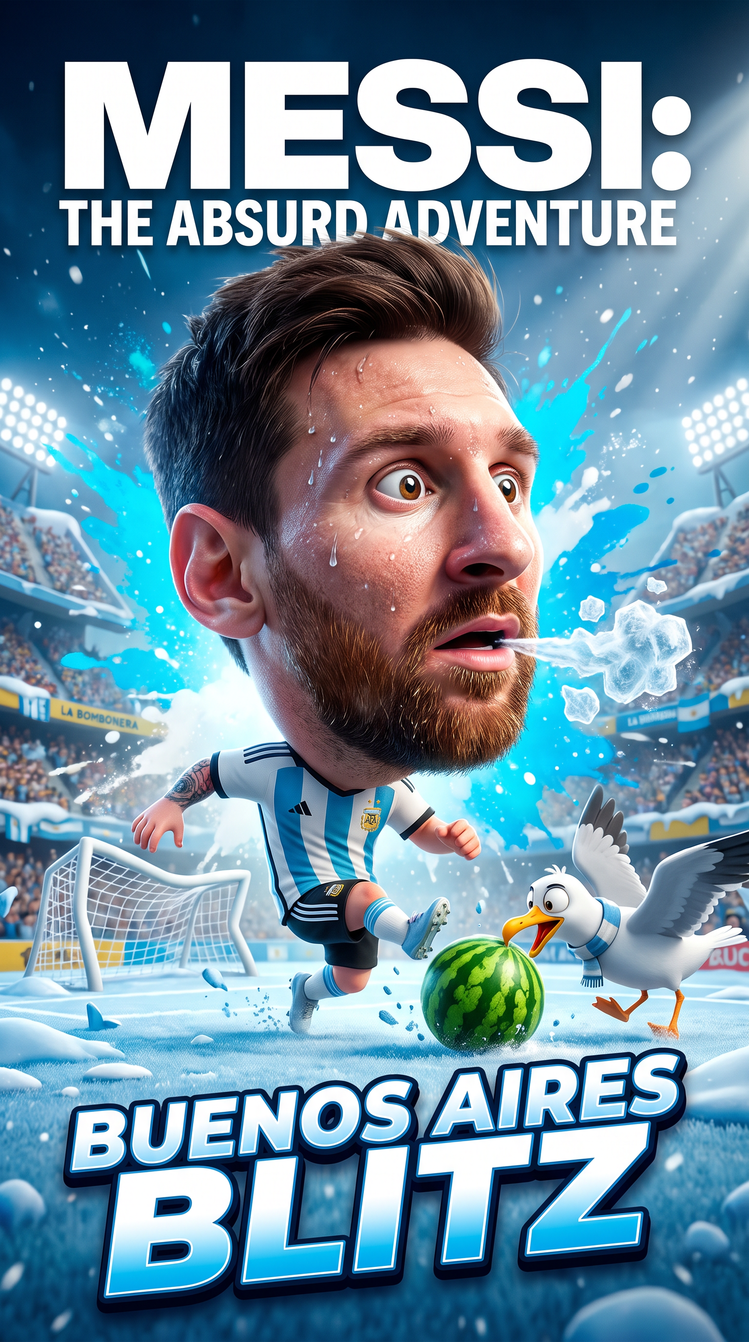 Absurd Hyper-Realistic Chibi Messi Action Poster