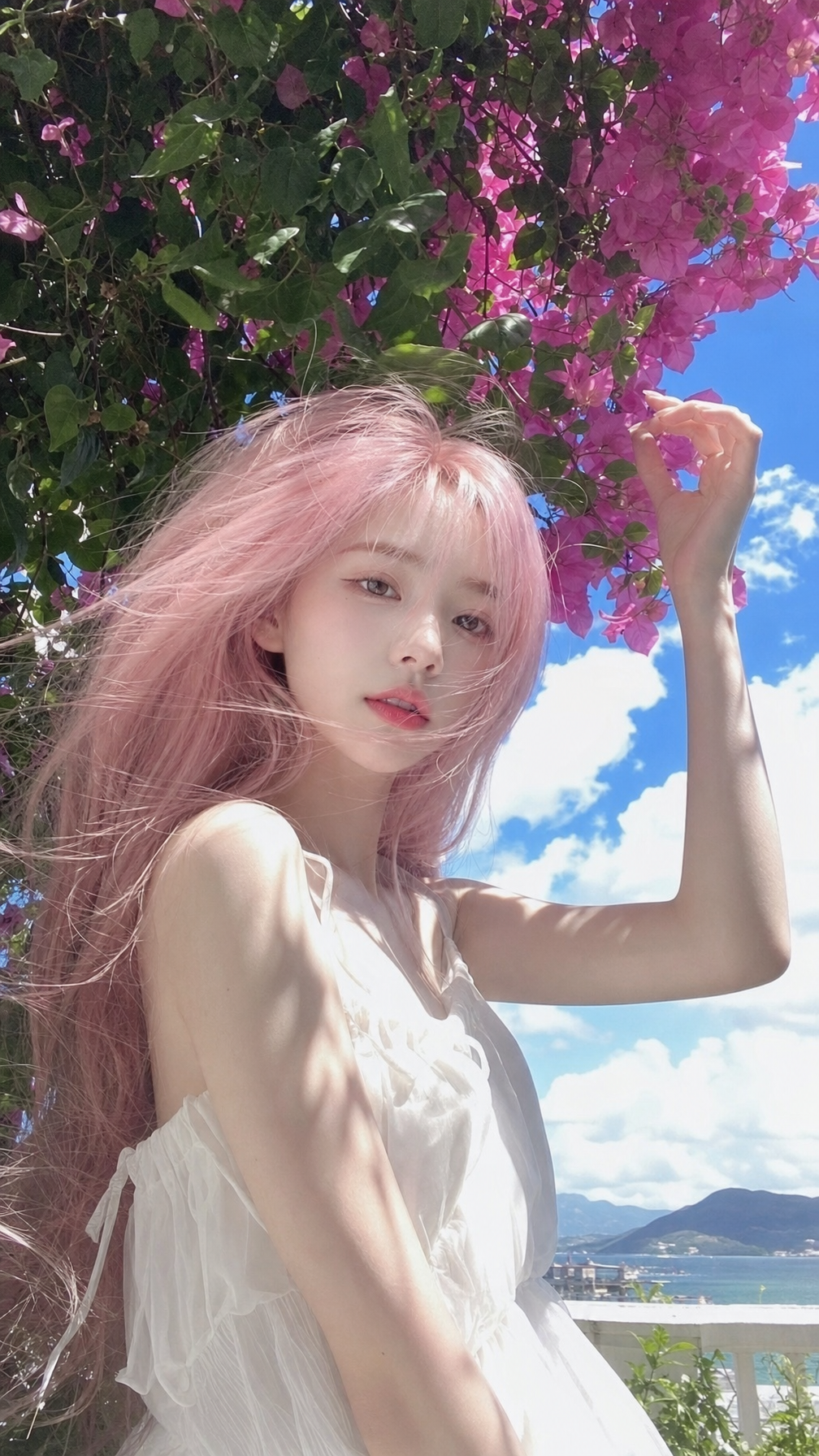 Ethereal Pink-Haired Girl in Summer Bloom