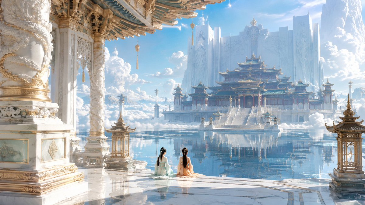 16:9 横向电影画幅,东方神界超尺度皇家建筑摄影,1980s Hong Kong fantasy wuxia c...