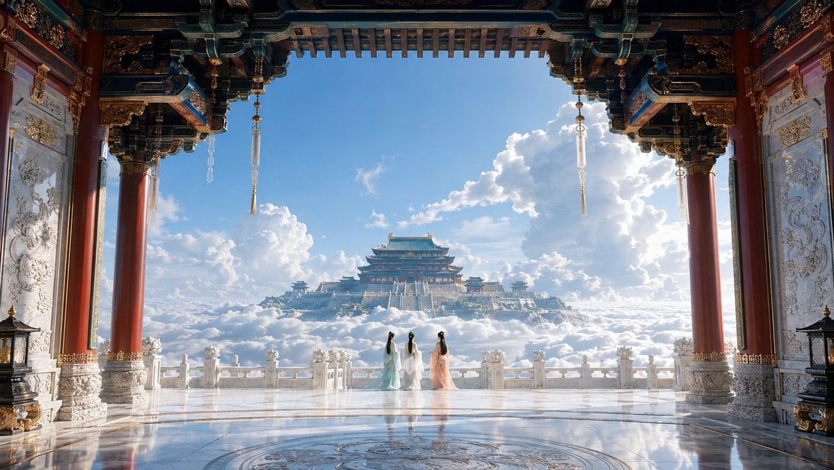 16:9 横向电影画幅,东方神界超尺度皇家建筑摄影,1980s Hong Kong fantasy wuxia c... - alternate