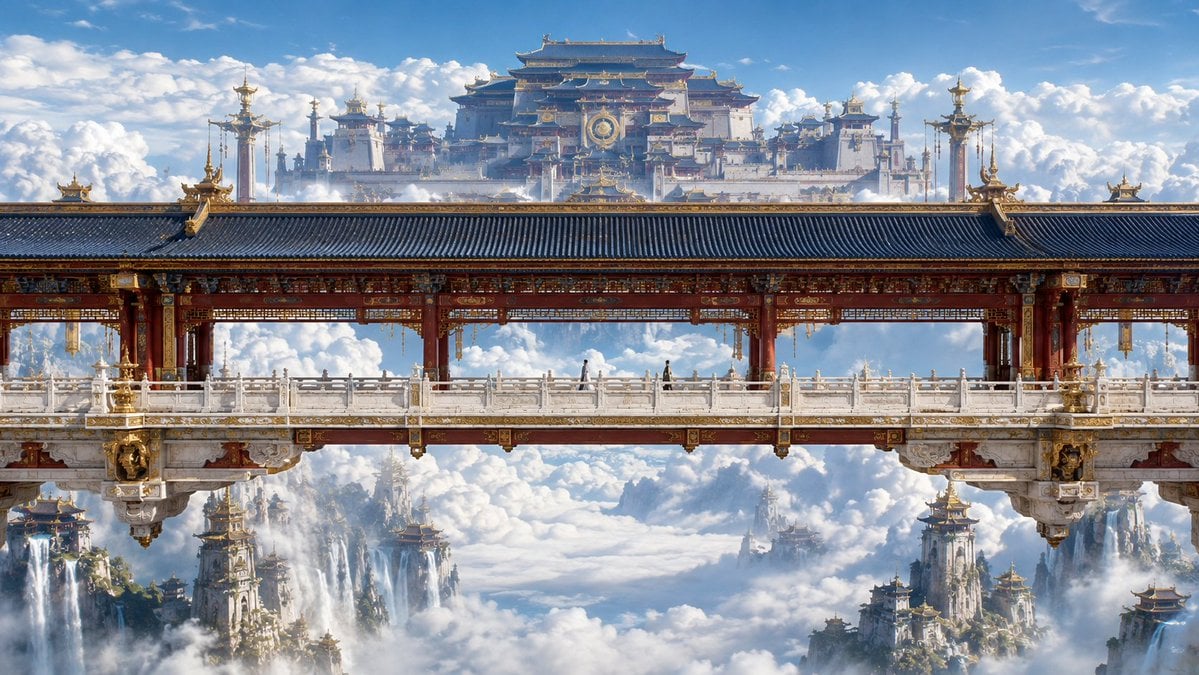 16:9 横向电影画幅,东方神界超尺度皇家建筑摄影,1980s Hong Kong fantasy wuxia c... - alternate