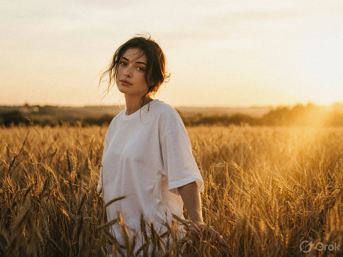 Warm golden hour film portrait, young woman walking slowl...