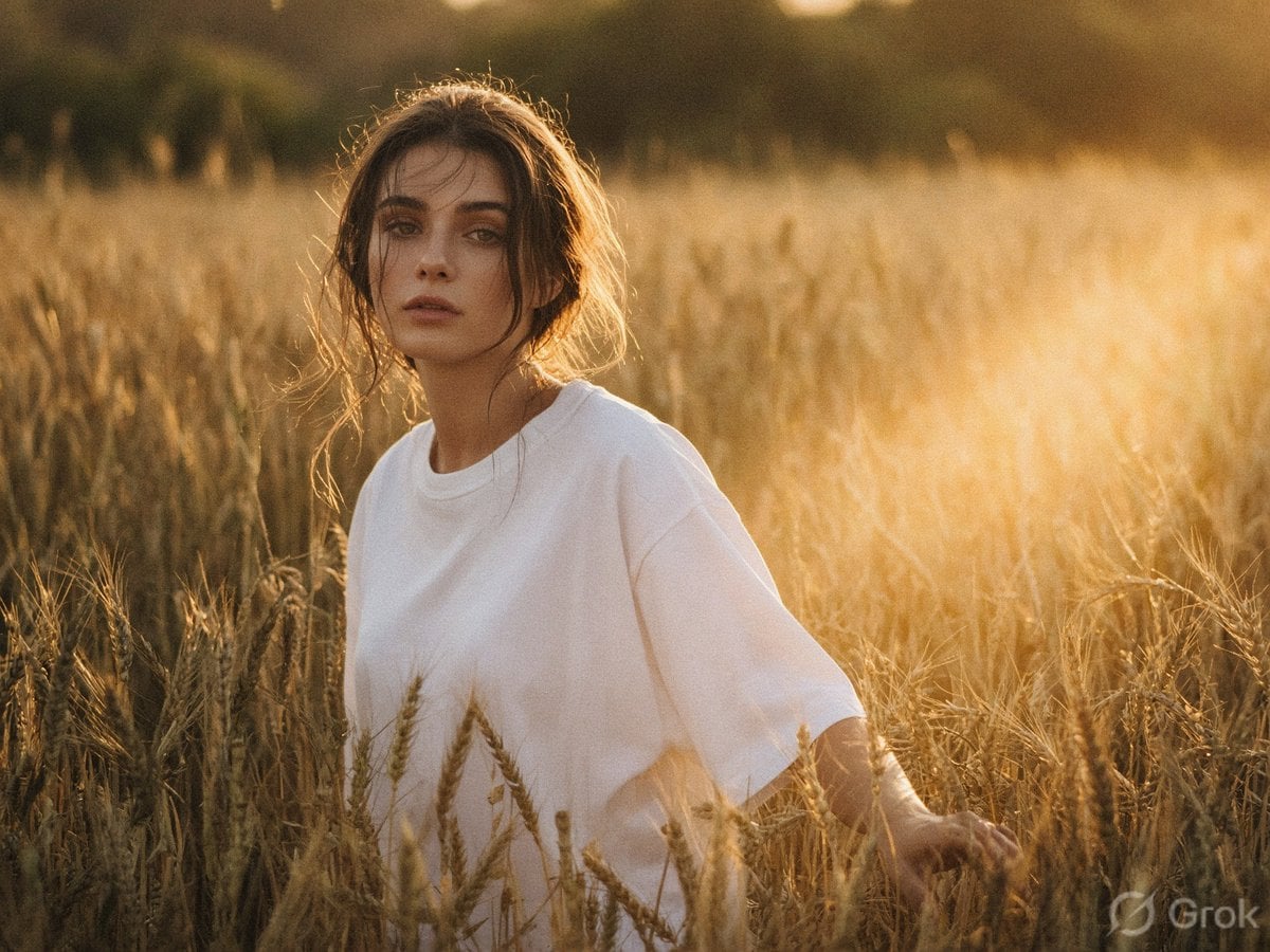 Warm golden hour film portrait, young woman walking slowl... - alternate