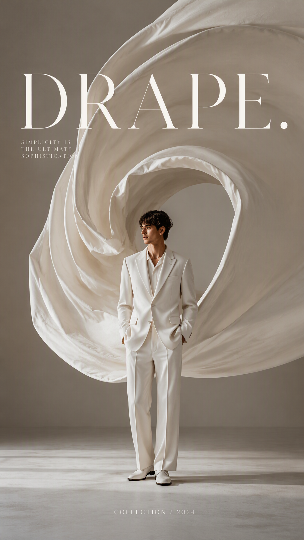 Create a premium 9:16 fashion editorial featuring a young...