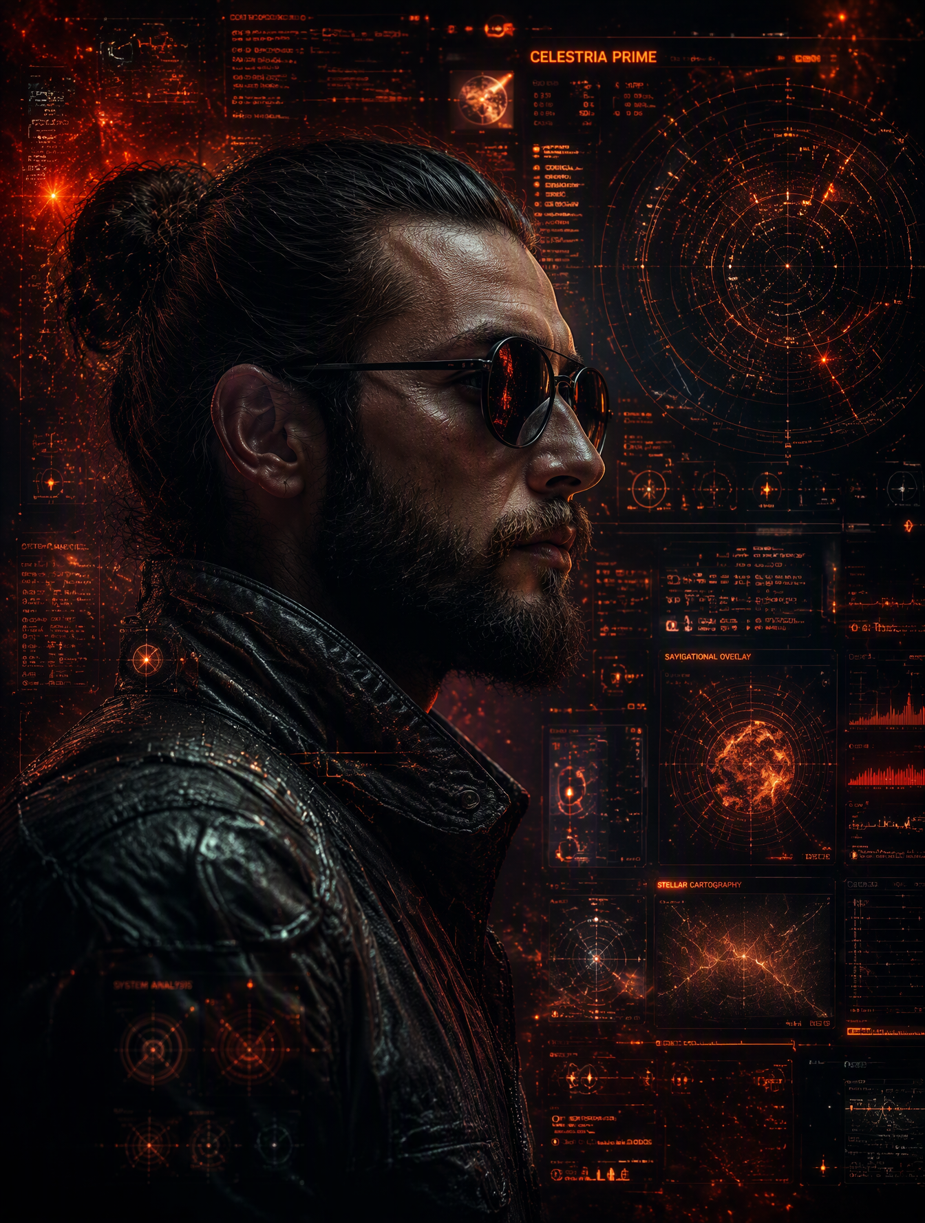 A cinematic side-profile portrait of a rugged man with a ...