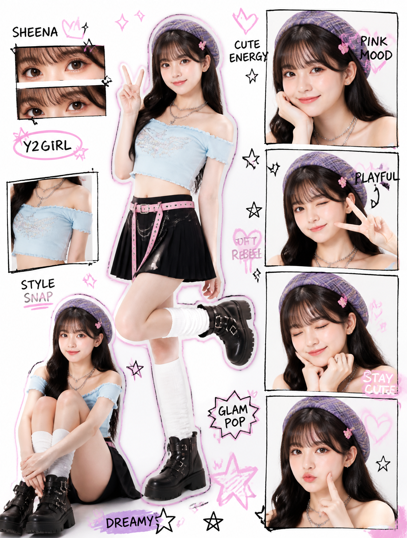 Create a high-quality Y2K kawaii street-style collage pos...