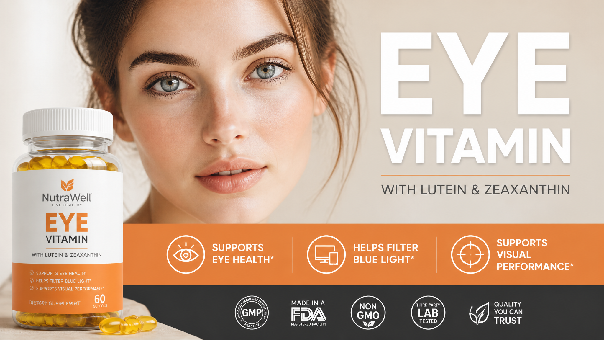A clean supplement advertisement features a close-up port...