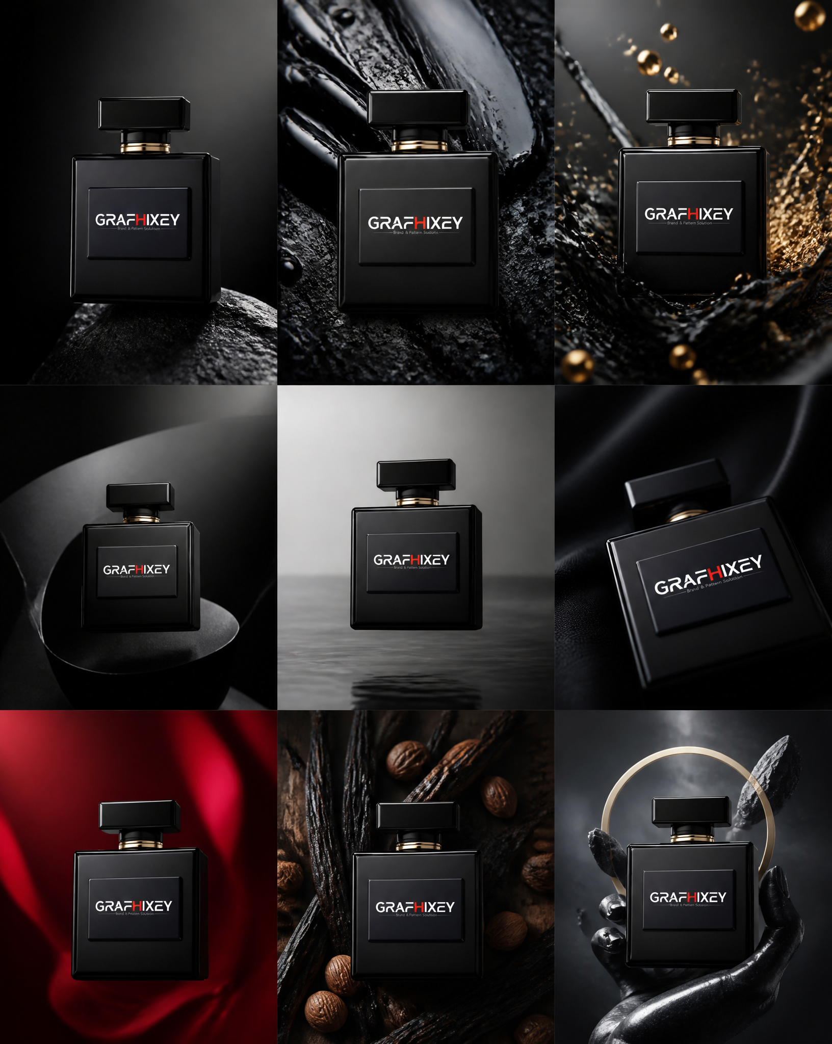 3×3 grid (4:5) luxury campaign, product centered and cons...
