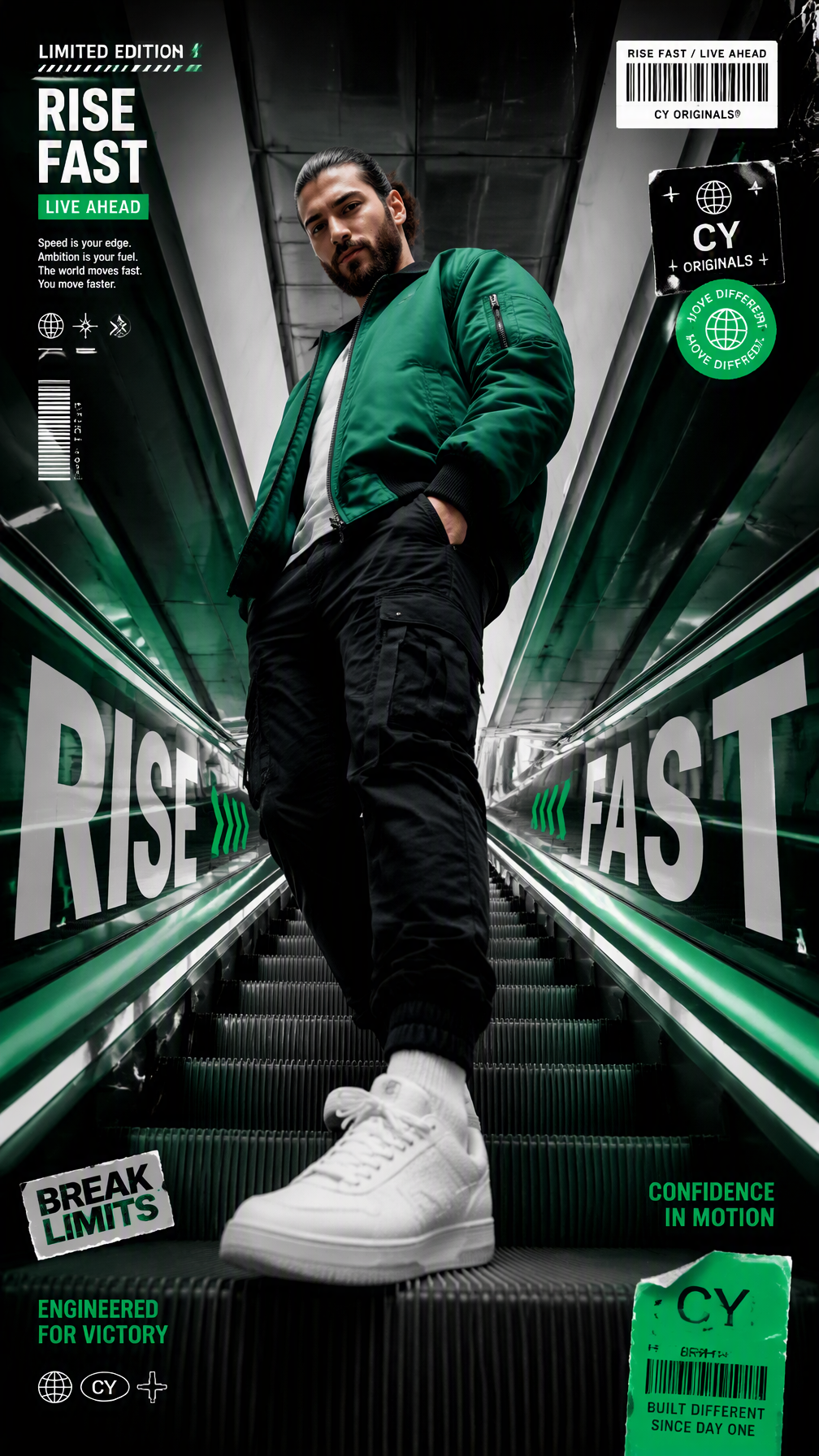 A premium 9:16 sports-fashion editorial advertising poste...