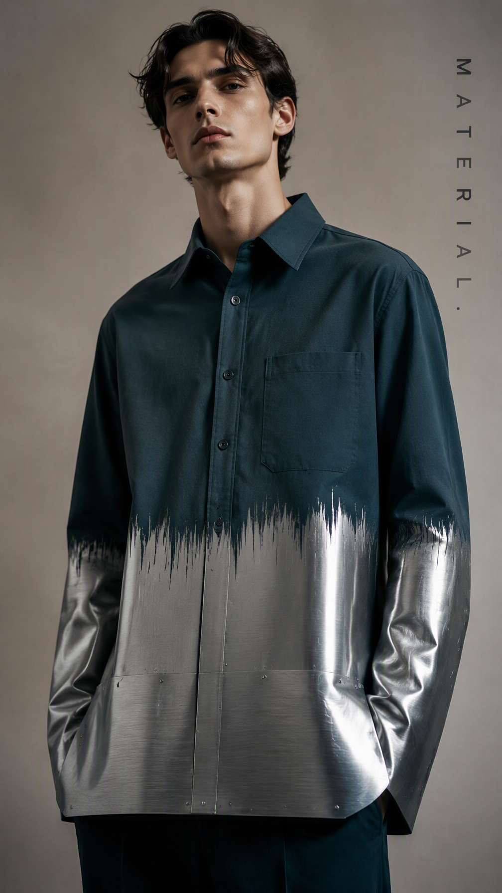 Create a premium 9:16 experimental fashion portrait of a ...