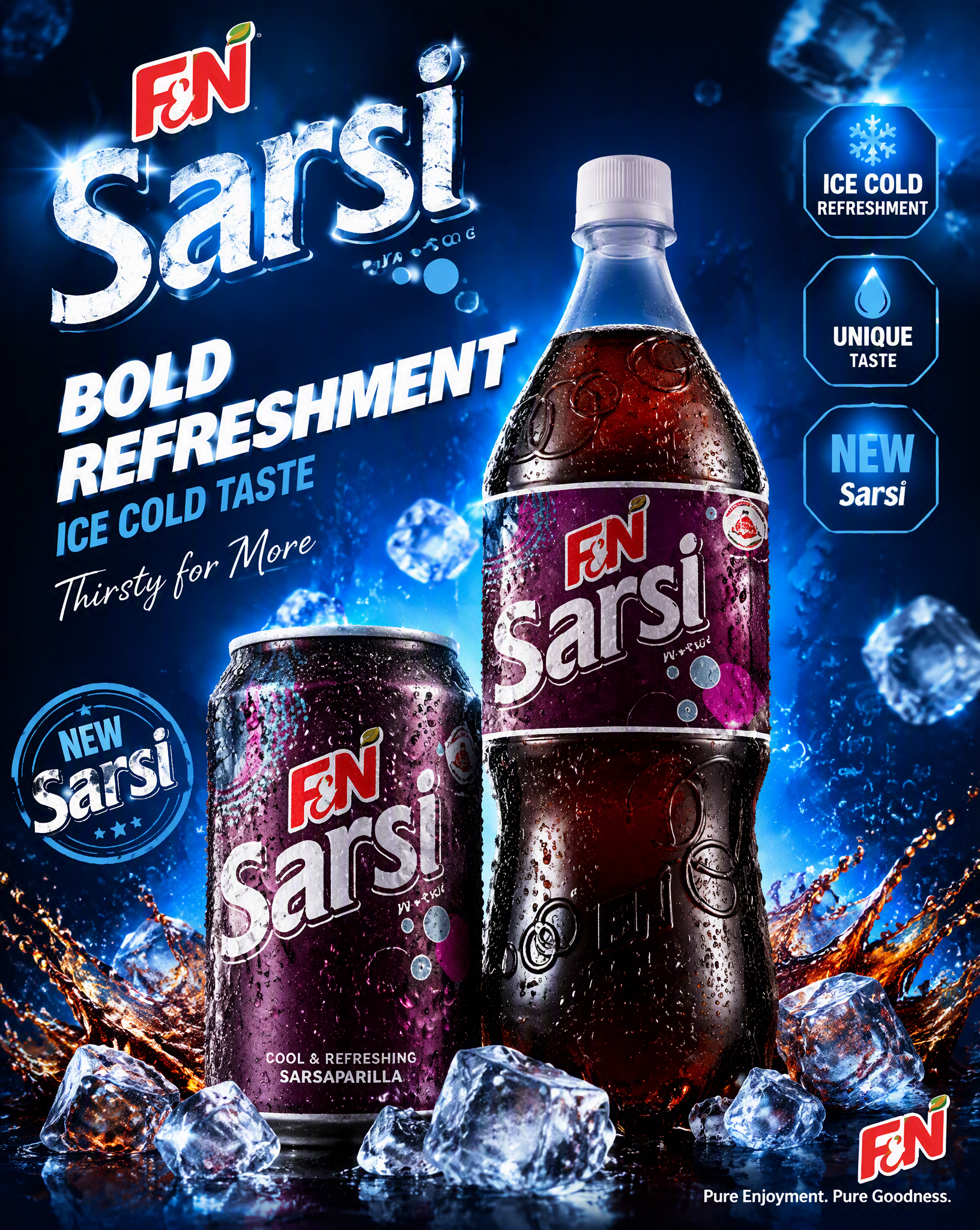 Create a premium Sarsi drinks packaging advertisement pos...