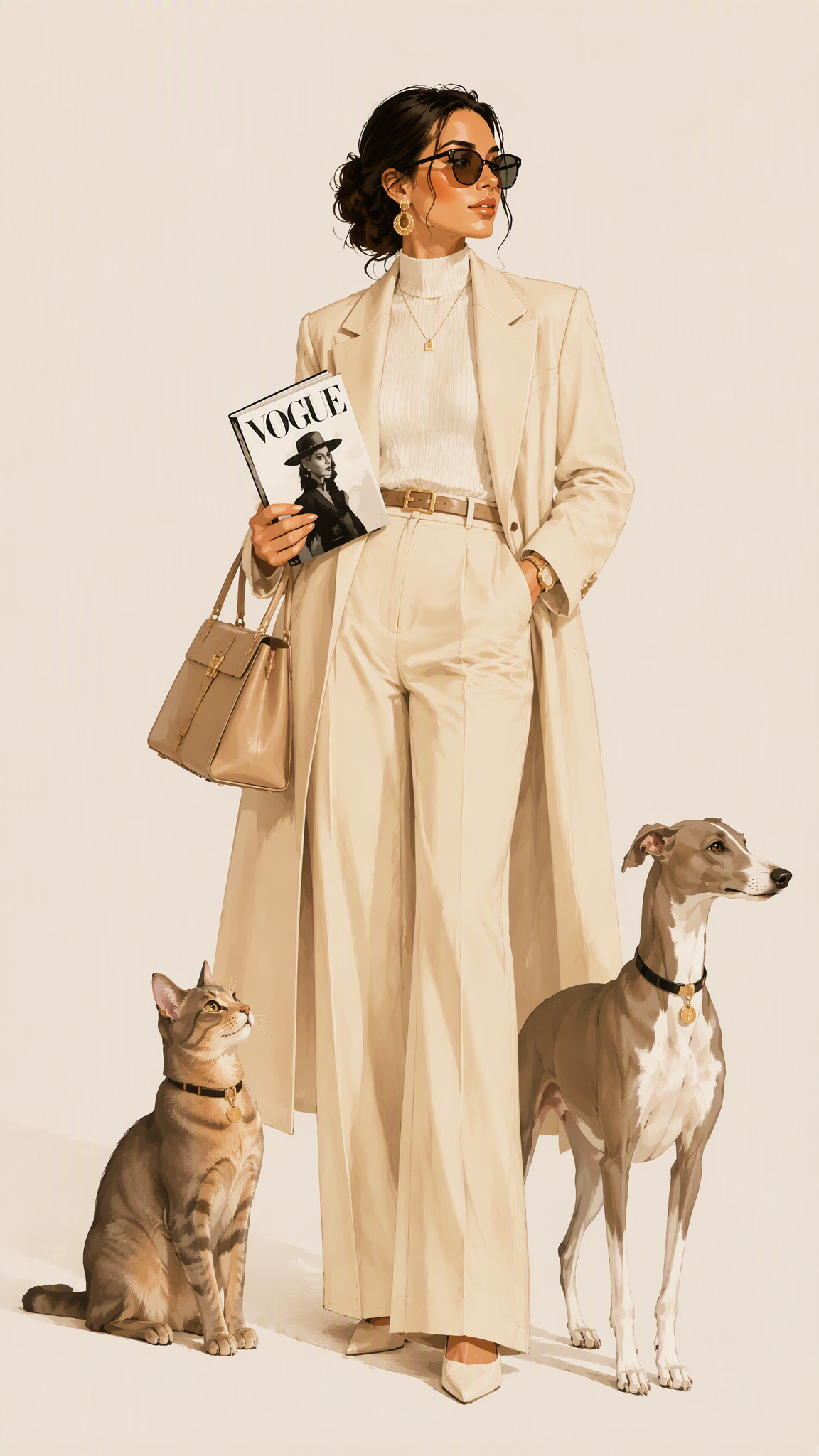 Create a luxury fashion illustration featuring a stylish ...