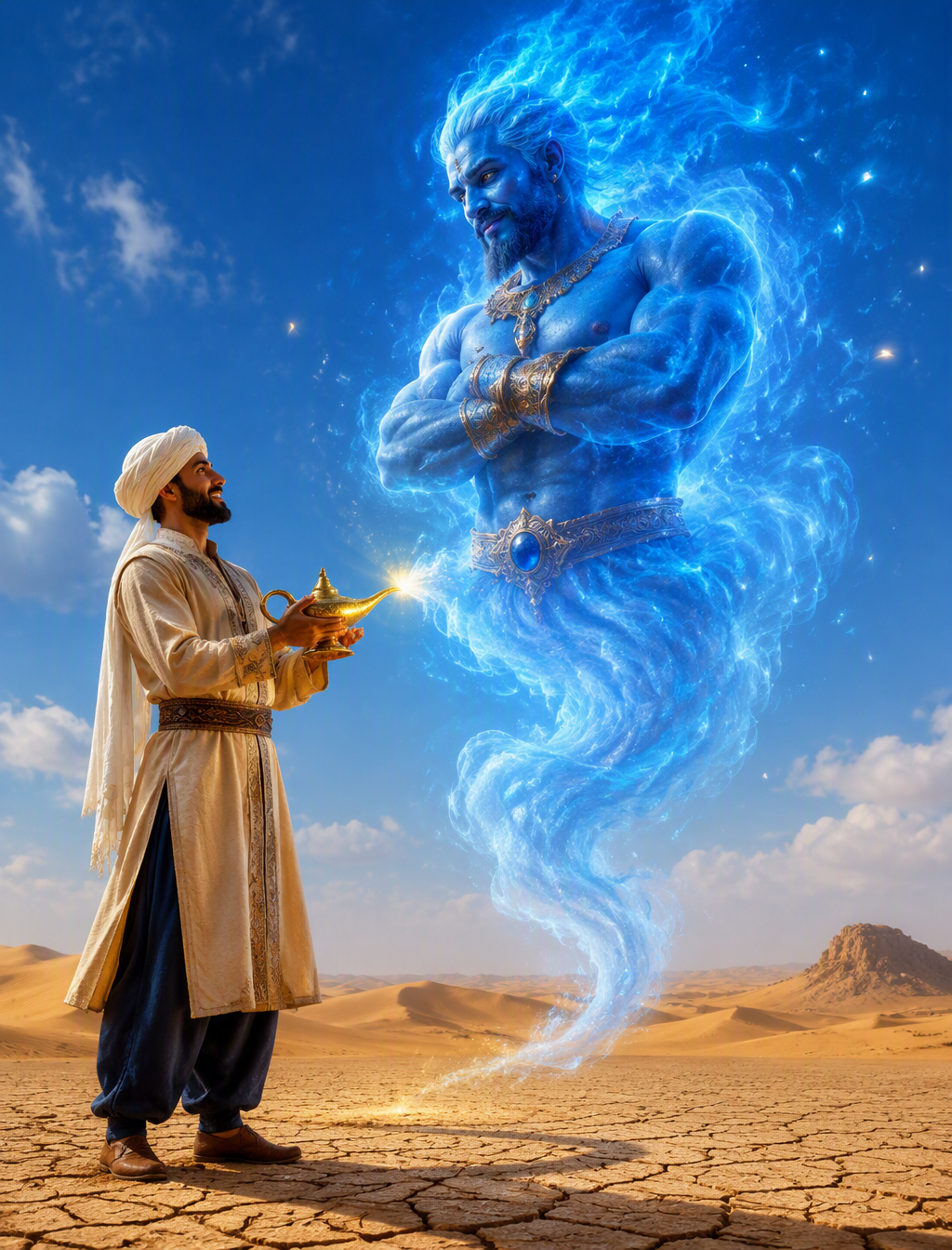 A mystical desert scene featuring a man standing on crack...