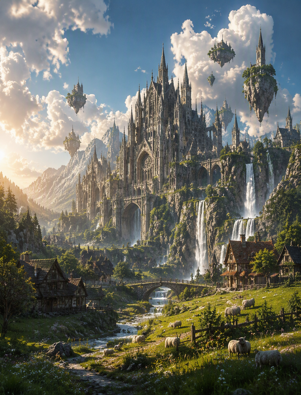 A grand Gothic-fantasy citadel rises from a jagged centra...