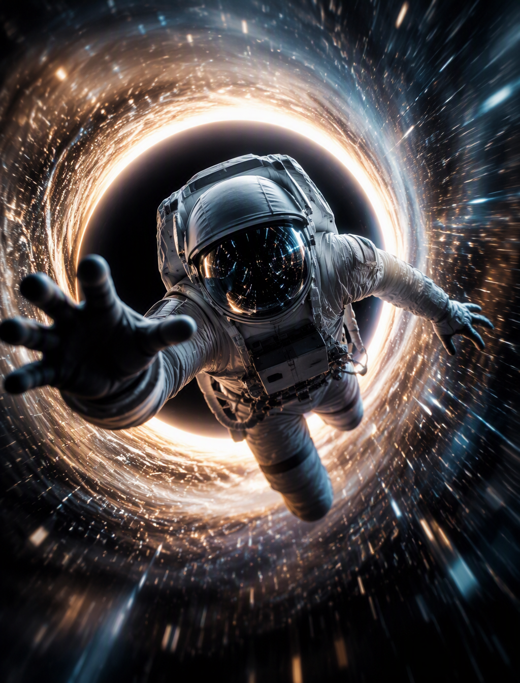 abstract full body astronaut in space suit flying at us f...
